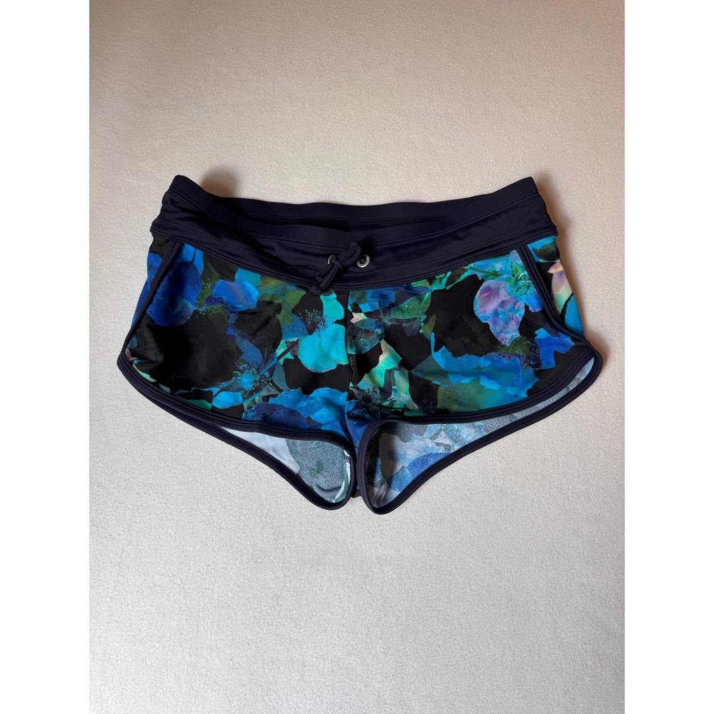 Athleta XS Blue Floral Running Shorts Stretch Drawstring Lined Athletic